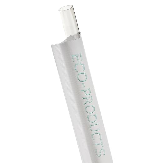 Eco-Products Compostable Paper Wrapped Jumbo Plastic Straws, 9.5" Long, 8mm Diameter, Box of 300, Clear Disposable Plant Based PLA Plastic, Large Sized Drinking Straws, ASTM Compliant, BPI-Certified