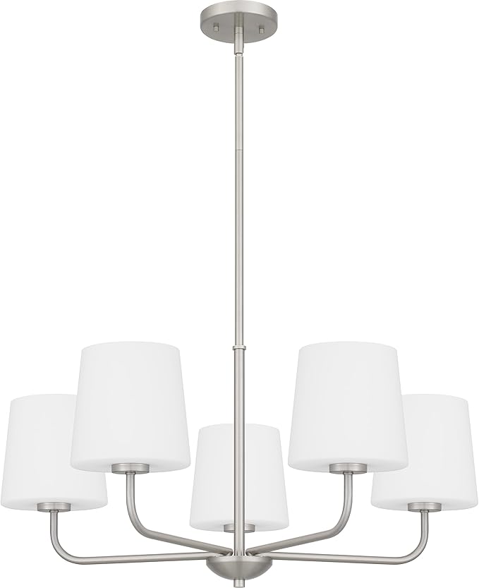 Quoizel Gallagher 1-Tier Chandelier, 28 Inch 5-Light Brushed Nickel Hanging Ceiling Light Fixture, Max Adjustable Height 52", Modern Industrial Design for Dining, Living Room, Kitchen or Office