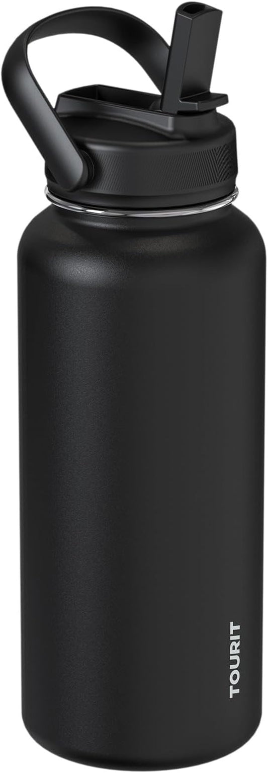 TOURIT 32 oz Insulated Water Bottle, Stainless Steel Bottle With Straw, Double Wall Vacuum Insulation for Cold and Hot Drinks, Leak Proof BPA Free Flask for Sports and Travel, Black
