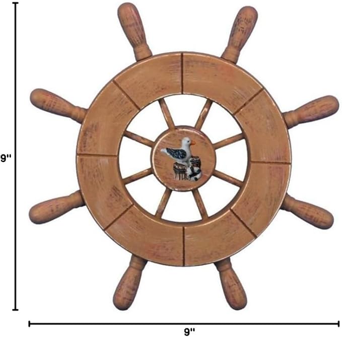 Hampton Nautical Wheel-9-107-seagull Rustic Wood Finish Decorative Ship Wheel with Seagull, 9"