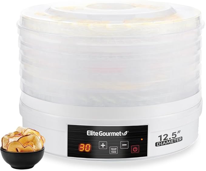 Elite Gourmet EFD770WD Digital Food Dehydrator with 5x12.5” BPA Free Trays, Adjustable 48-hr Timer and Temperature from 95~158F, Jerky, Herbs, Fruit, Veggies, Dried Snacks, White