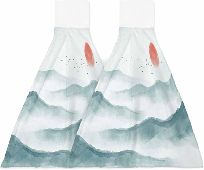 Alandar Home Kitchen Tie Towel Set of 2, Watercolor Mountains Landscape Absorbent Soft Hand Towels for Bathroom Hanging Towels, Asian Zen Painting Fast Drying Cleaning Cloth with Loop