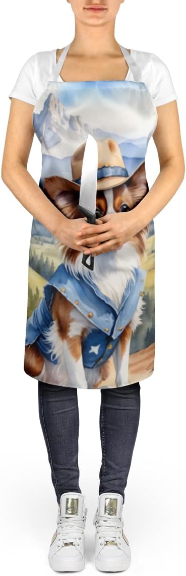 Caroline's Treasures Papillon Cowboy Welcome Apron Cooking Kitchen Server Baking Crafts Gardening for Adult Women Men, Unisex, Large, Multicolor
