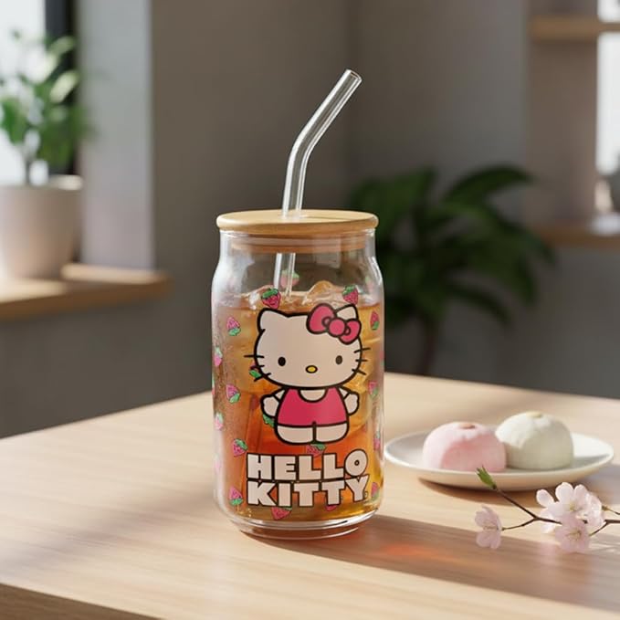 Silver Buffalo Sanrio Hello Kitty Strawberry Glass Jar Tumbler with Bamboo Lid and Glass Straw, 16 Ounces