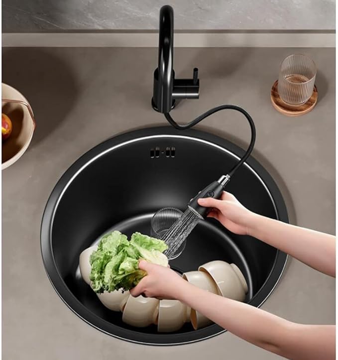 Single Bowl Black Mini Round Sink Single Bowl Sink 304 Stainless Steel Small Bar Balcony Kitchen Sink Under Counter Sink Space Saving (Black 32 * 32 * 18cm)