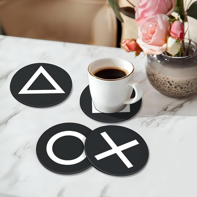 Game Coasters Black Silicone Coaster Non-Slip, Washable, Heat Resistant Drink Coasters Cup Mat for Tabletop Protection Game Room Decor Housewarming Gift for Gamers - Set of 4