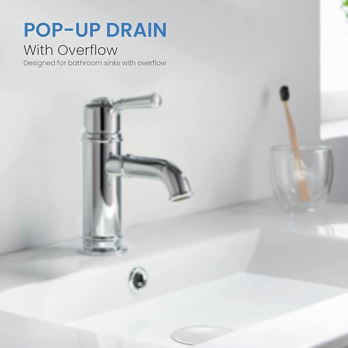 KIBI Ceramic White Bathroom Sink Pop-Up Drain with Overflow (Full Cover) | Lavatory Vanity Drain Stopper | Durable Leak-Proof Sink Drain for Bathroom, Kitchen, and Lavatories | KPW102