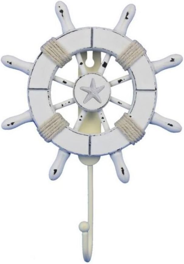 Handcrafted Nautical Decor Rustic All White Decorative Ship Wheel with Starfish with Hook 6" - Wooden Ship