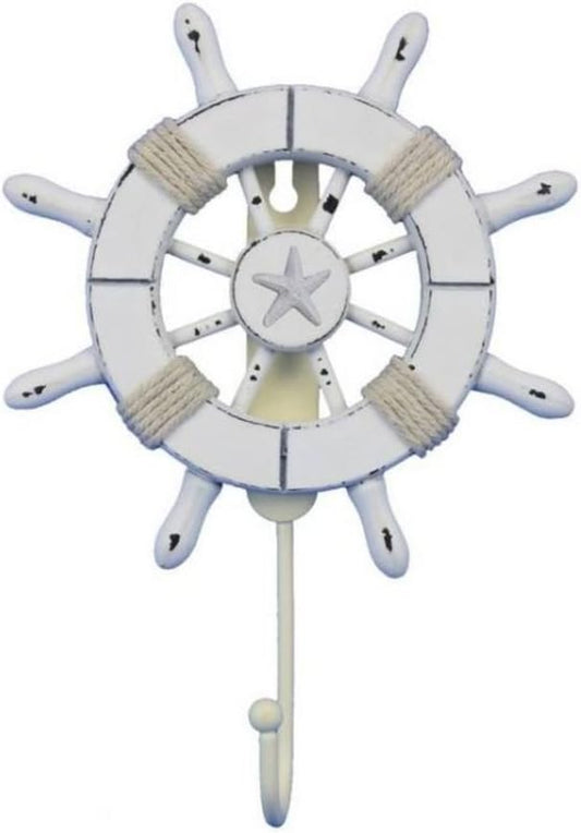 Handcrafted Nautical Decor Rustic All White Decorative Ship Wheel with Starfish with Hook 6" - Wooden Ship