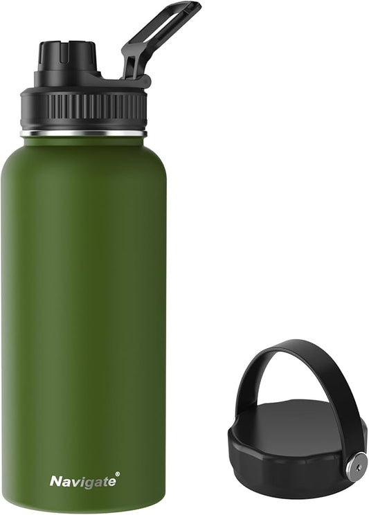 Navigate 32 oz Insulated Stainless Steel Sports Water Bottle with Spout & Handle Lids,Wide Mouth Water Jug with Double Walled Leak Proof Keep Cold for 24 Hrs Hot for 12 Hrs,Dark Green