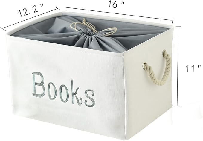 INough Book Basket for Kids Room, Book Storage Basket Book Organizer for Nursery Room Classroom Library Book Storage Box Collapsible Book Bins with Drawstring Closure for Cartoon Book Reading