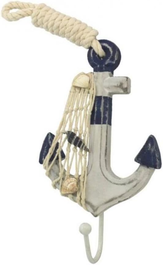 Handcrafted Model Ships Wooden Rustic Decorative Blue and White Anchor with Hook 7" - Nautical Decorati