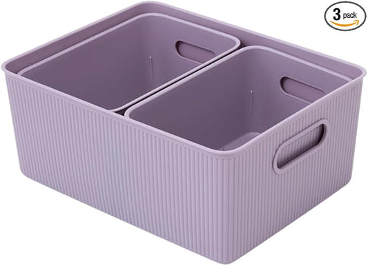 Superio Decorative Plastic Basket Open Home Storage Bins Organizer, Lilac Purple (Set of 3) 1 Large, 2 Medium - Container Boxes for Organizing Closet Storage Bins for Shelves - Ribbed Collection