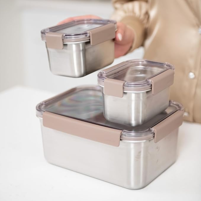 LocknLock Stainless Steel Food Storage Containers with Lids, Metal Lunch Boxes, Leak-Proof, Microwave, Freezer and Dishwasher Safe, 3-Piece Set, 2 x 520ml and 1 x 1400ml