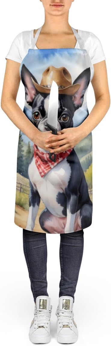 Caroline's Treasures Boston Terrier Cowboy Welcome Apron Cooking Kitchen Server Baking Crafts Gardening for Adult Women Men, Unisex, Large, Multicolor