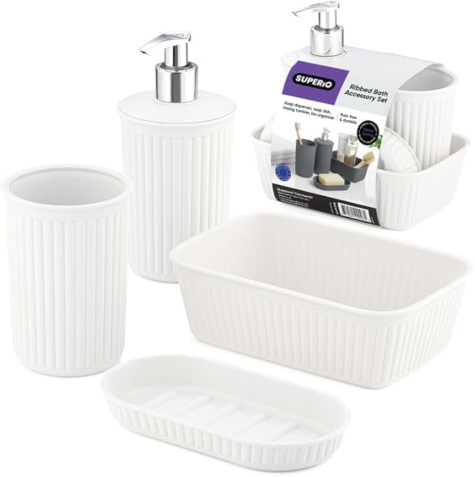 Decorative Plastic Bathroom Accessories Set, White (Set of 4) Soap Dish, Liquid Dispenser, Toothbrush Holder Cup, Vanity Organizer Tray - Bath Accessory Countertop Decor Gift - Ribbed Design