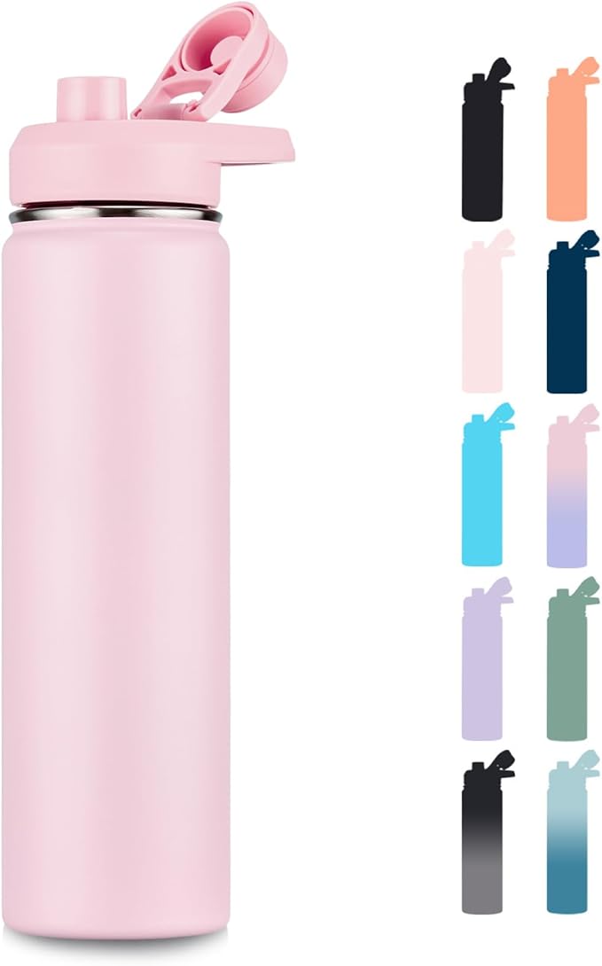 Fijinhom 24 oz Insulated Water Bottle with Handle, 304 Stainless Steel Water Bottles with Wide Mouth, Double Wall Vacuum Sports Water Bottle, BPA Free, Keep Cold and Hot, Pink