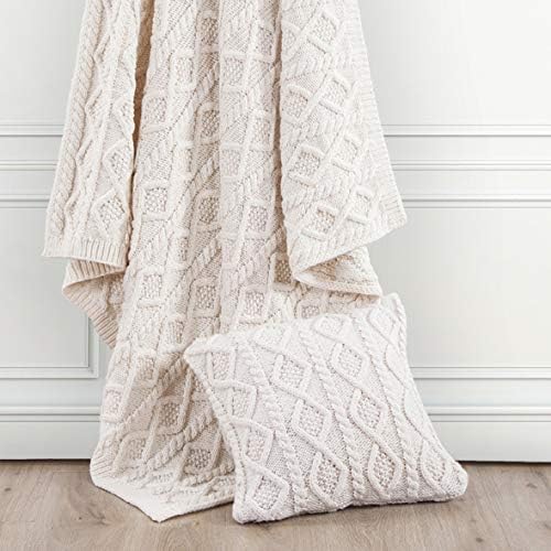 HiEnd Accents Cable Knit Wool Throw Pillow, 18x18 inch, Cream Solid Color, Diamond Pattern, Sweater Style, Soft Cozy Luxury Decorative Pillow
