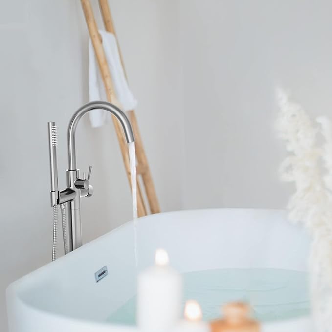KIBI Circular Floor Mount Tub Filler with Hand Shower in Brushed Nickel | Solid Brass Single Handle Freestanding Bathtub Faucet with 360° Swivel Spout, Modern Bath Faucet for Tub and Shower (KTF301BN)