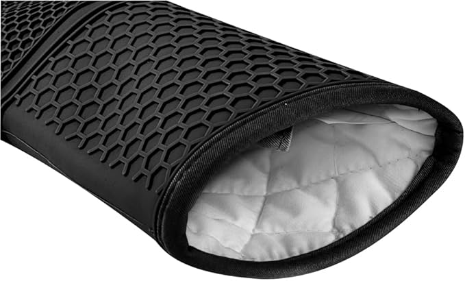 Restaurantware 2-Piece Silicone Oven Mitts Set 1 Case of 13.98 x 7.28 x 1.57 Inches Cotton Lined Heat Resistant Gloves, Slip-Resistant Waterproof Oven Gloves, Black Cooking Mitts for Baking and BBQ