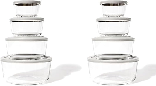 DURA LIVING 16-Piece Glass Food Storage Containers Set (8 Containers + 8 Lids) | Round, Nesting, Microwave & Dishwasher Safe | BPA-Free, Space-Saving | Grey Lids for Pantry & Kitchen Organization