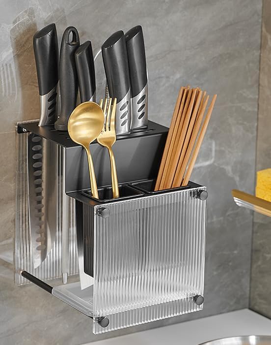 Kitchen Shelf, Chopsticks, Knife Storage Rack, Wall-Mounted Cutting Board Shelf, A Type - Brushed Gold [Knife Holder + Chopstick cage + Cutting Board]