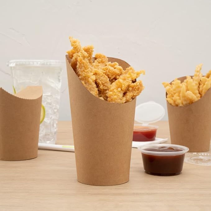 Restaurantware Bio Tek 16 Ounce French Fry Containers 100 Disposable Charcuterie Cups - Incline Design Round Kraft Paper French Fry Cups Stackable For Waffles Chips or Popcorn