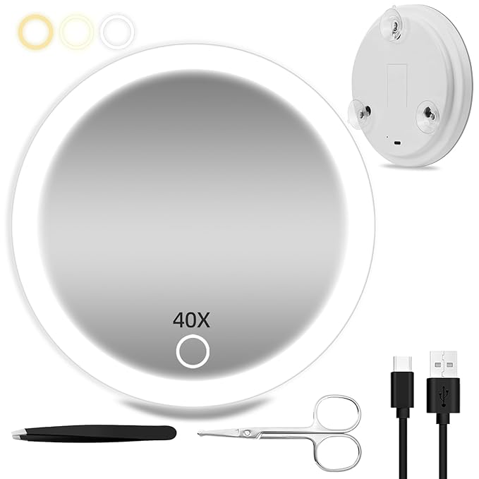 40X Magnifying Mirror with Light, 6inch Compact Travel Size, 3 Color Lights Adjustable Brightness, Rechargeable 40X Makeup Magnification Mirror with 3 Suction Cups - Includes Tweezers & Scissors