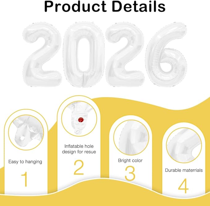 2026 Balloons, 2026 Number Balloons, 2026 White Balloon, Foil Happy New Year Balloon for New Year Eve Party Supplies 2026 Graduation Decorations Anniversary Birthday Home Office Decorations, 16 Inch