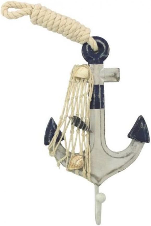 Handcrafted Model Ships Wooden Rustic Decorative Blue and White Anchor with Hook 7" - Nautical Decorati