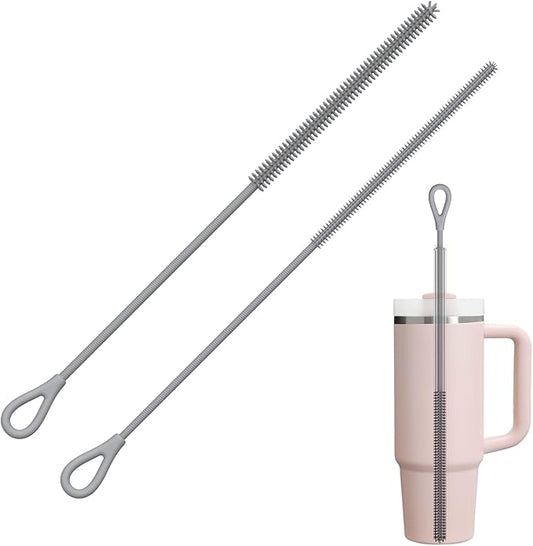 YOTIME Silicone Straw Cleaner Brush, 2Pcs Reusable Straw Brush Extra Long for Cleaning Tumbler with Handle and Glass Metal Smoothie Straws, Non-slip Handle Soft and Bendable, 6mm+9mm, Gray