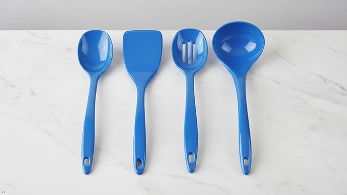 Reston Lloyd 100% Melamine Kitchen Utensil Set, Non Scratching Ladle, Spoon, Slotted Spoon & Spatula, Easy To Hold, Set of 4, Azure