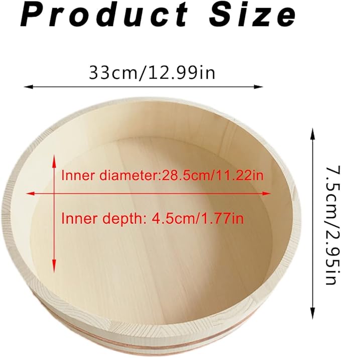 Round Sushi Rice Bowl with Shovel Wooden Hangiri Oke Sushi Rice Tub with Copper Band Rice Mixing Bowl Tub for Restaurant Home Kitchen 36x8cm (33x7.5cm)