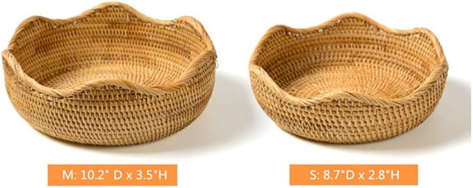 Handmade Rattan Round Fruit Basket Food Storage Bowls Kitchen Organizer Snack Serving Bowl 9 10 Inch Wavy Edge Circle Tray Basket with 3” Deep Wall, Boho Décor Display Tray Bowl (2-Size Kit)