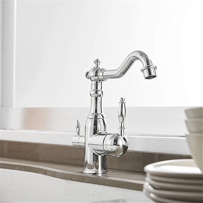 Ch Kitchen Faucet with 360° Swivel Dual Handle Drinking Water Filter Tap Deck Mounted 3-Way Mixer for Retro SLE Sink- High-Quali Filtrat System.