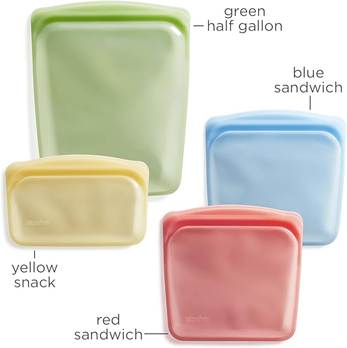 Stasher Silicone Reusable Storage Bags, 4-Pack, Reusable Freezer Bags, Microwave, Dishwasher, Oven Safe, Sous Vide, Premium Lunch Containers, Eco Friendly, Food Storage Bags, Snack Bags, Multicolor | Reusable Food Bag