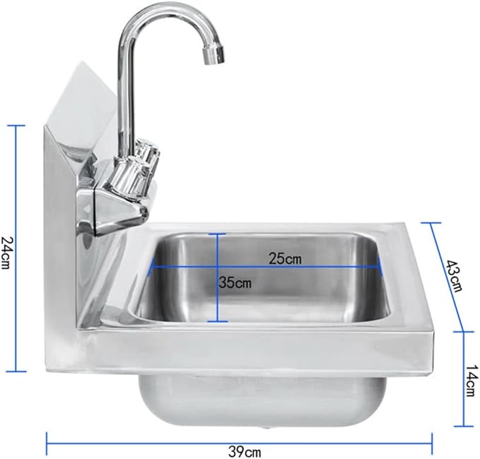 304 Stainless Steel Sink for Washing - Commercial Wall Mount Hand Basin for Restaurant, Kitchen and Home - Double Switch Faucet,Silver-43x39x14cm