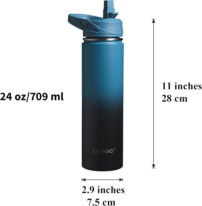 CIVAGO 24 oz Insulated Water Bottle With Straw, Stainless Steel Sports Water Flask Cup with 3 Lids (Straw, Spout and Handle Lid), Double Walled Travel Thermal Canteen Mug, Black
