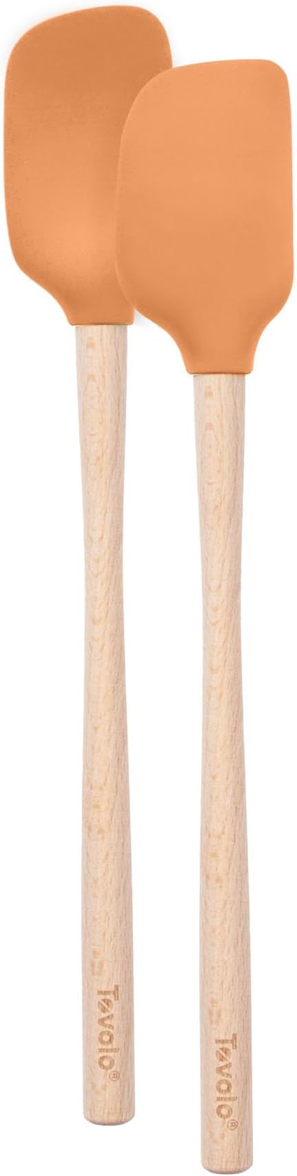 Tovolo Mini Spoon Spatula Wooden Handle Set for Cooking and Baking, Heat Resistant Safe for Cast Iron BPA Free Silicone Mixing Tool Natural Wood Perfect for Scraper Mixing Spooning, Apricot Orange