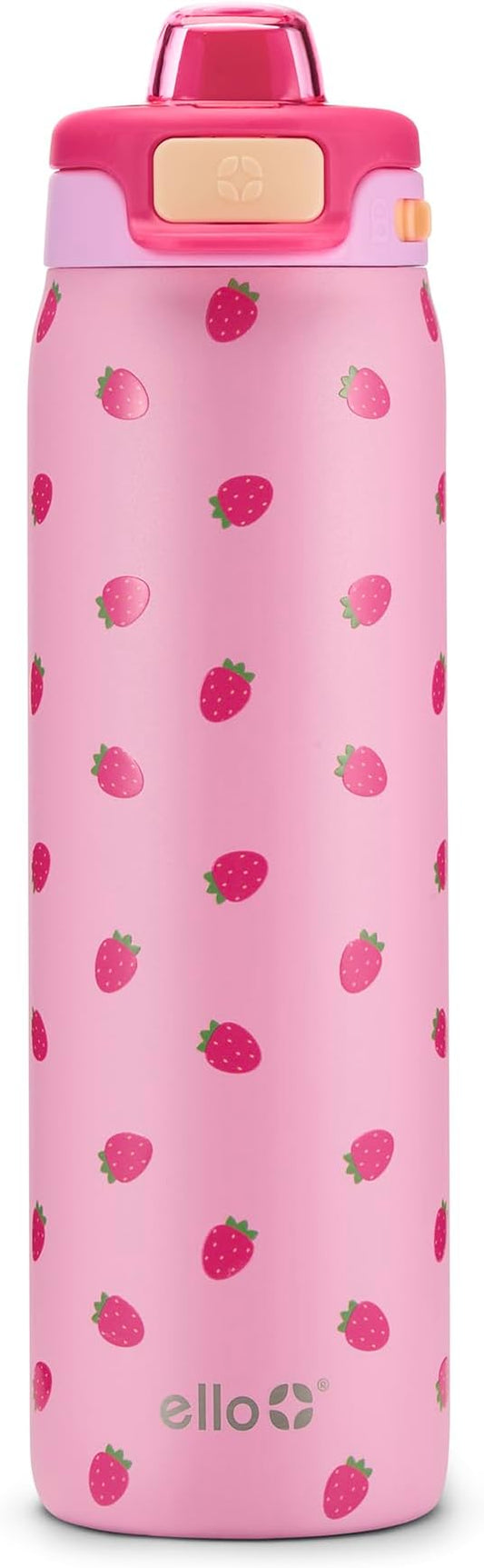 Ello Pop & Fill 22oz Stainless Steel Water Bottle with QuickFill Technology, Double Walled and Vacuum Insulated, Leak Proof Locking Lid, Straw and Chug, Fits Cupholder, Reusable BPA Free, Strawberries