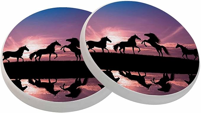 Horses Sunset Coasters for Drinks Horses with Water Reflection Absorbent Ceramic Drink Coaster for Coffee Wooden Table Home Decor Set of 2