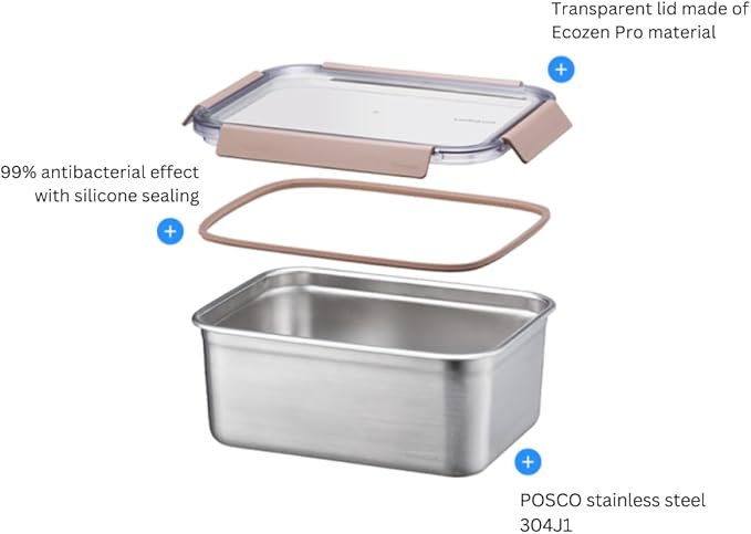 LocknLock Stainless Steel Food Storage Containers with Lids, Metal Lunch Boxes, Leak-Proof, Microwave, Freezer and Dishwasher Safe, 3-Piece Set, 2 x 520ml and 1 x 1400ml