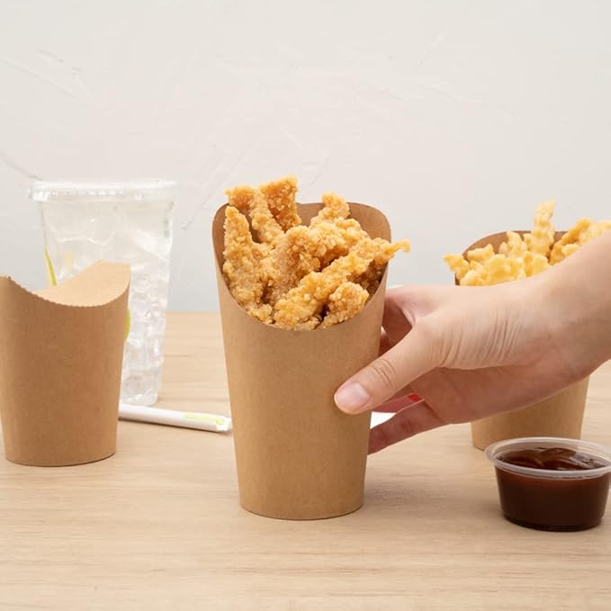Restaurantware Bio Tek 16 Ounce French Fry Containers 100 Disposable Charcuterie Cups - Incline Design Round Kraft Paper French Fry Cups Stackable For Waffles Chips or Popcorn