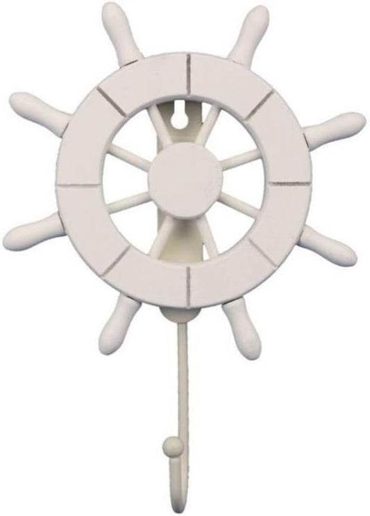 White Decorative Ship Wheel with Hook 6 Inch - Wooden Ship Wheel - Ships Steering Wheel Decoration
