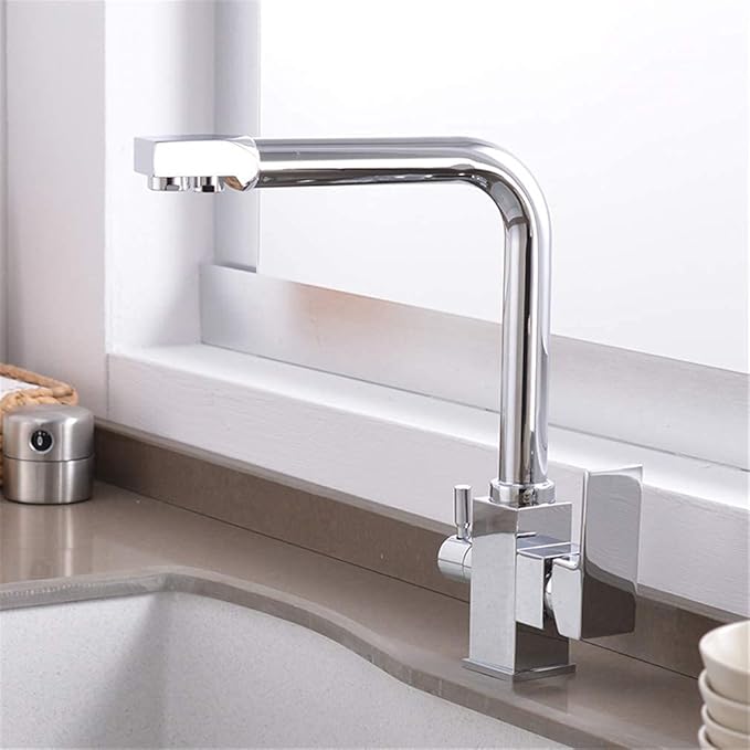 RajoNN 3-Way Kitchen Faucet Water Filter with 360° Swivel Aerator & Dual Handles - Chrome, Stylish Sink Mixer Tap for Clean Drinking Water, Easy Installation