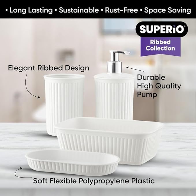 Decorative Plastic Bathroom Accessories Set, White (Set of 4) Soap Dish, Liquid Dispenser, Toothbrush Holder Cup, Vanity Organizer Tray - Bath Accessory Countertop Decor Gift - Ribbed Design