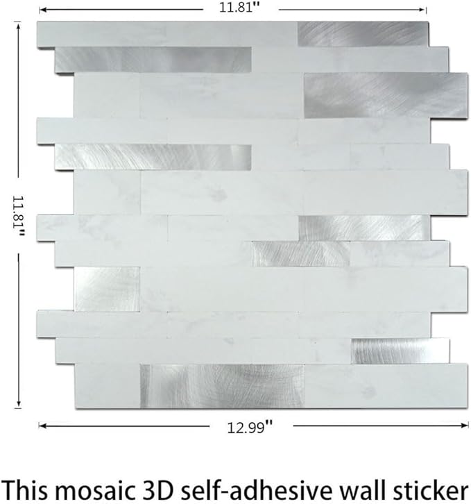 WEIMEISC 10 Sheets Peel and Stick Backsplash Tile for Kitchen, Self-Adhesive Mosaic Tile, Stick on Bathroom Vanities，Fireplace Décor, Laundry Table (White + Silver)