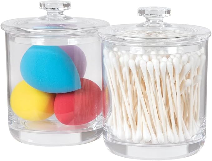 ForPro Clear Acrylic Apothecary Jars with Lids, Set of 2 Shatterproof Qtip Holder & Cotton Ball Container, 15 Oz Bathroom Vanity Organizer Canister for Kitchen & Office Decor, 4.5" x 3.5"