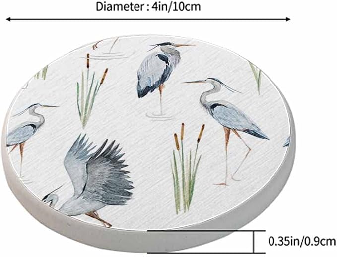 oFloral Grey Heron Coasters for Drinks Birds Reeds River Chinese Style Cups Place Mats for Home Decor Set of 2, 4 Inch