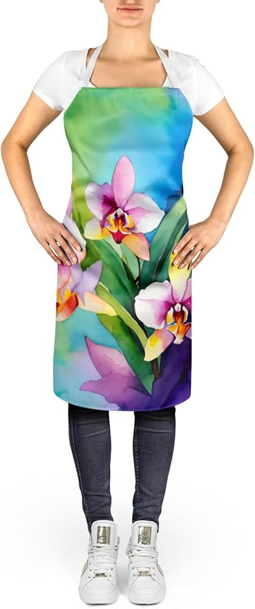 Caroline's Treasures Orchids in Watercolor Apron Cooking Kitchen Server Baking Crafts Gardening for Adult Women Men, Unisex, Large, Multicolor